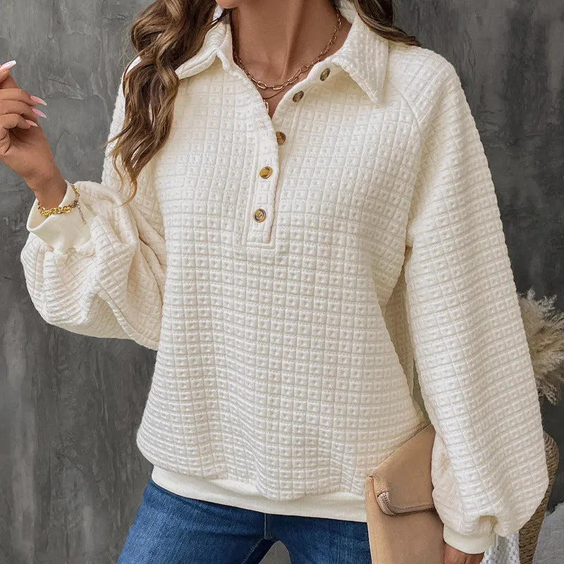 Women's textured polo collar sweater in milky white beige thickened polyester knit