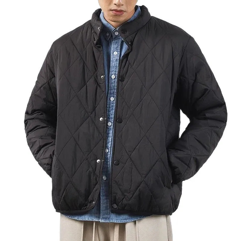 Men's black diamond lattice pattern winter jacket with lengthened 100cm fit