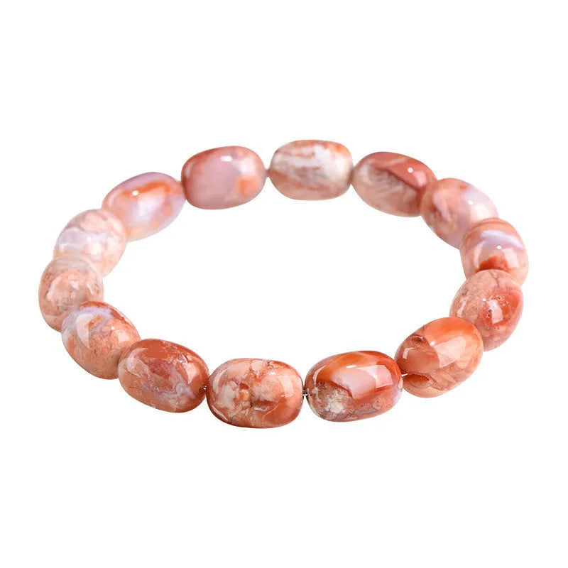 Natural cherry agate bracelet with geometric barrel beads and a Ruyi design detail.