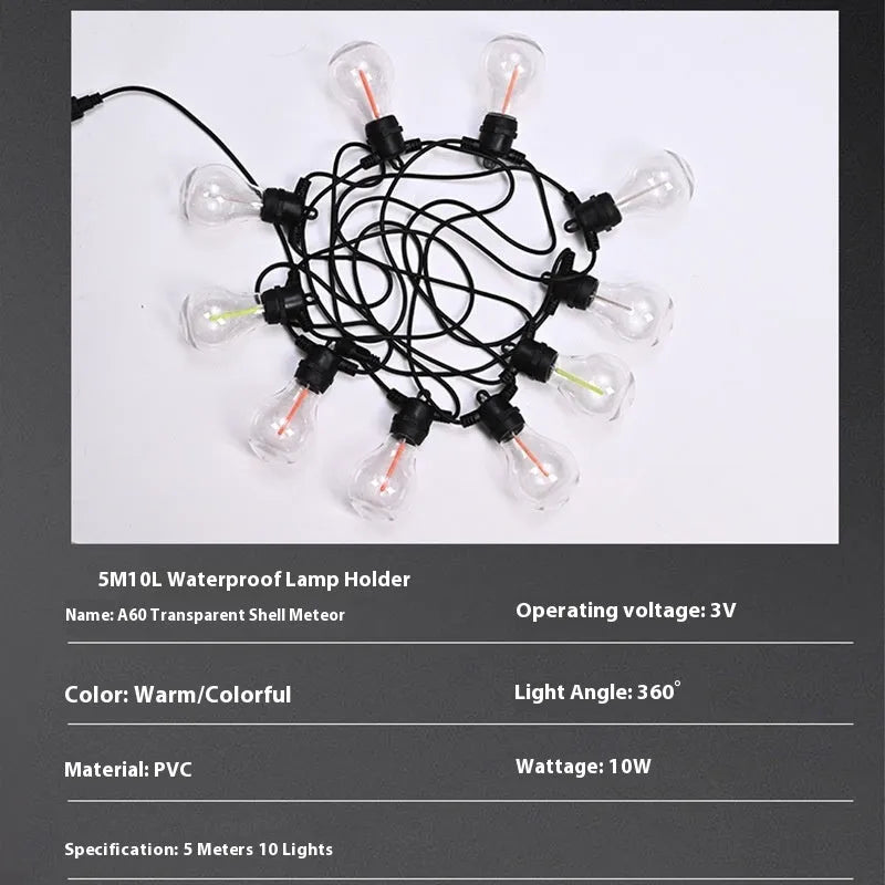 Outdoor decorative string lights with 10 LED bulbs on 5 metre waterproof cable