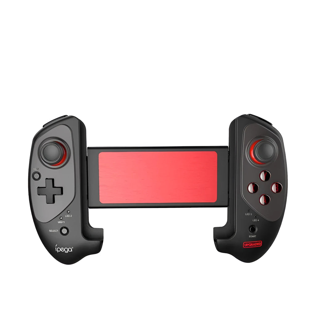 Red telescopic Bluetooth gamepad controller extended with a phone inserted, showing USB cable.