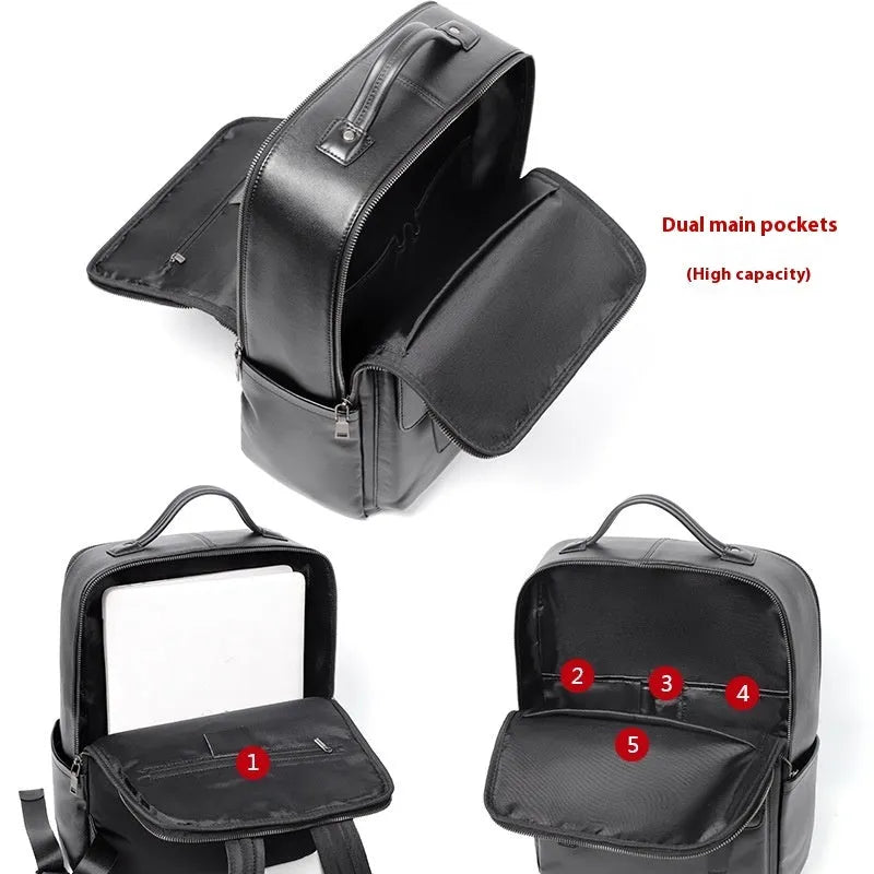 Men's black leather computer backpack with 36-55L capacity and physiological curve back plate