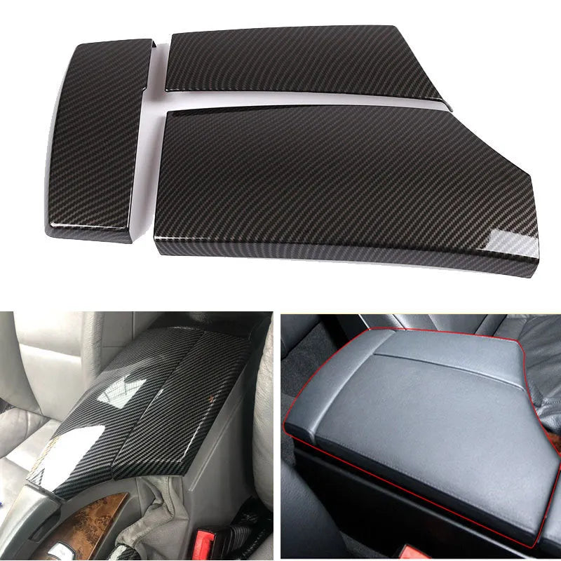 Three-piece black ABS armrest box protective cover set with shiny carbon fibre diagonal weave pattern
