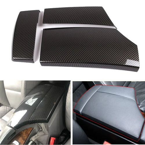 Three-piece black ABS armrest box protective cover set with shiny carbon fibre diagonal weave pattern