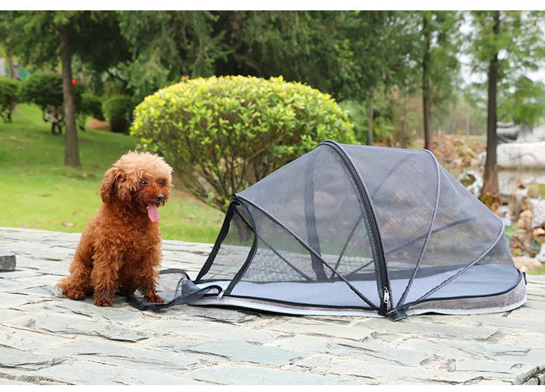 Folding portable cat tent with half-mesh sides in blue or black colour option.