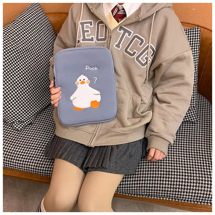 Blue cotton tablet case with duck embroidery design and zipper closure for 11-16 inch tablets