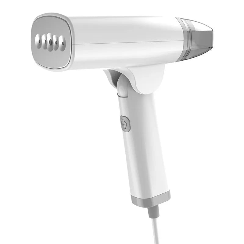 Blue or white handheld garment steamer with compact design and mechanical controls