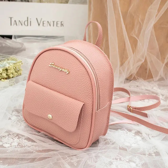 PU women's small backpack shoulder bag in solid colour with zipper closure