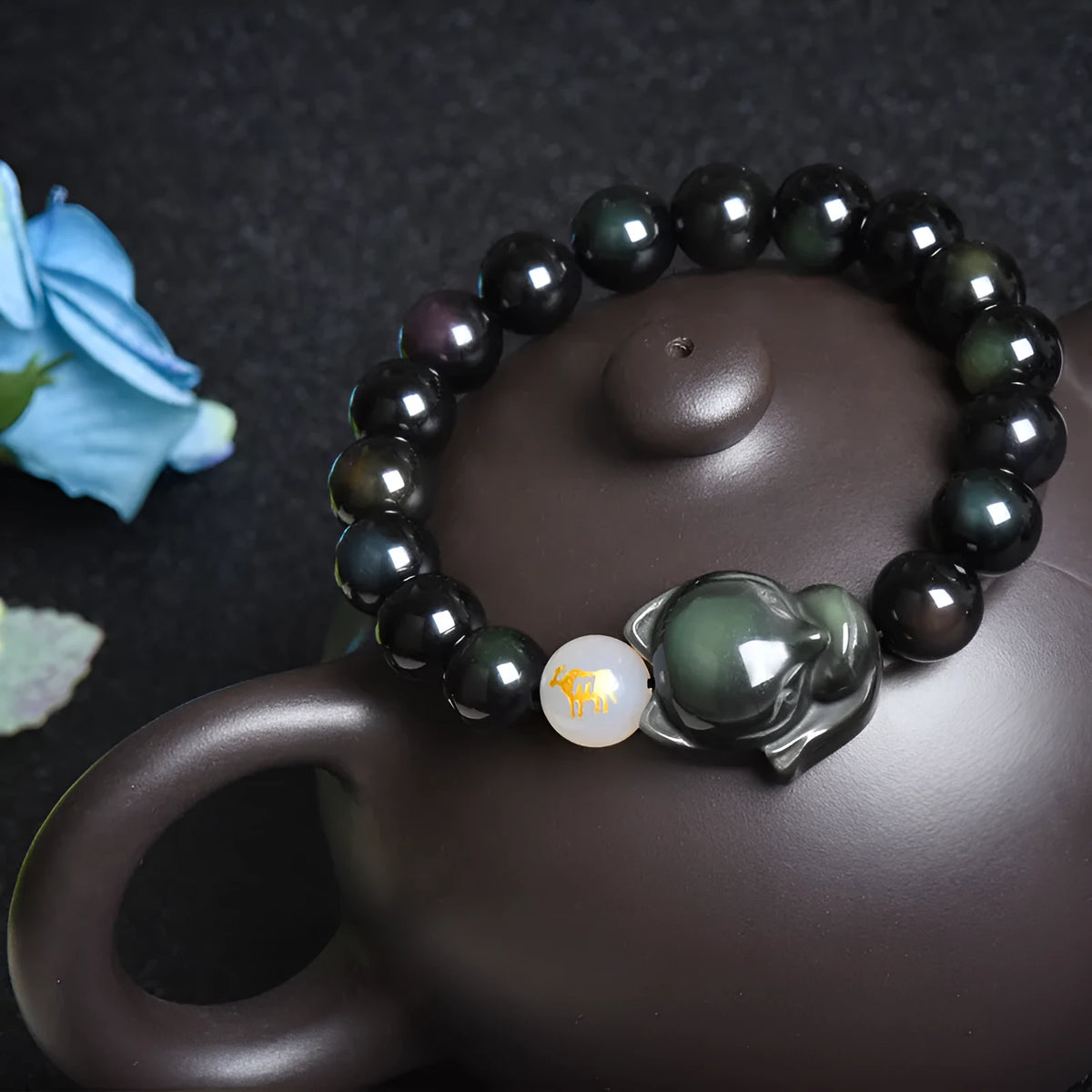 Natural obsidian zodiac bracelet with 10mm beads in three style variations