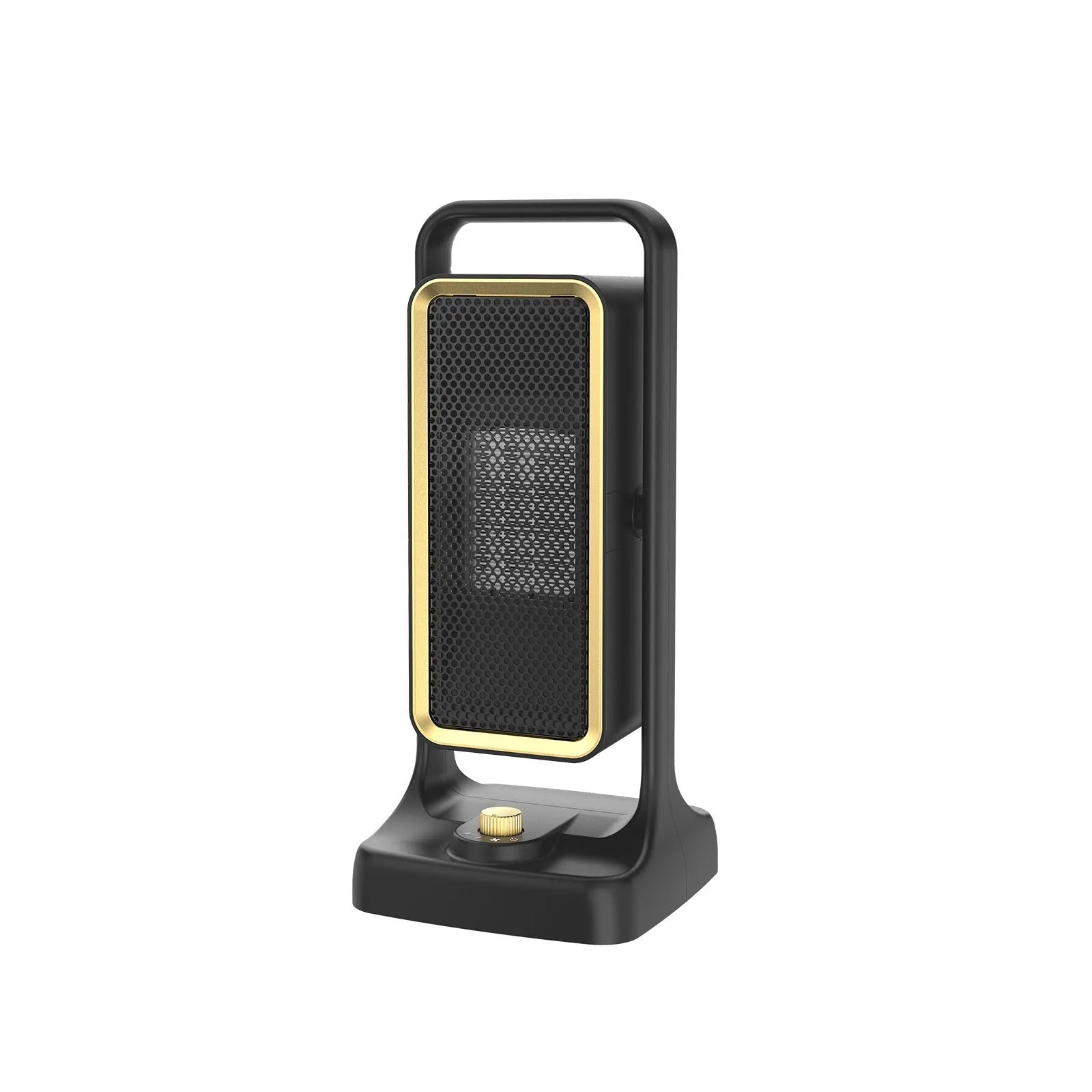 Black PTC ceramic desktop heater with adjustable power settings and three-speed fan for rooms up to 20 square metres