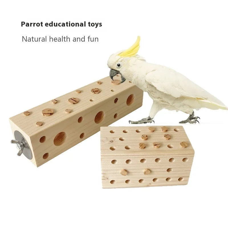 Parrot educational toy for gnawing wood with wooden plugs, available in bulk or bagged and long or short specification.