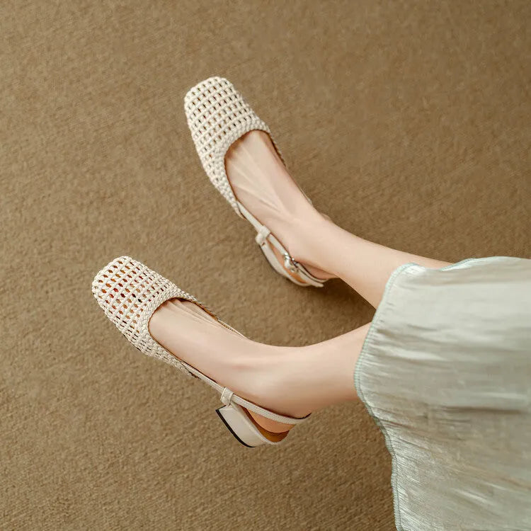 Women's beige woven closed toe sandals with square head and buckle strap