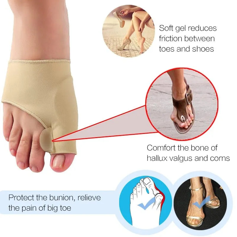 Corrective bunion relief sock with gel pad and silicone toe separator on a foot.