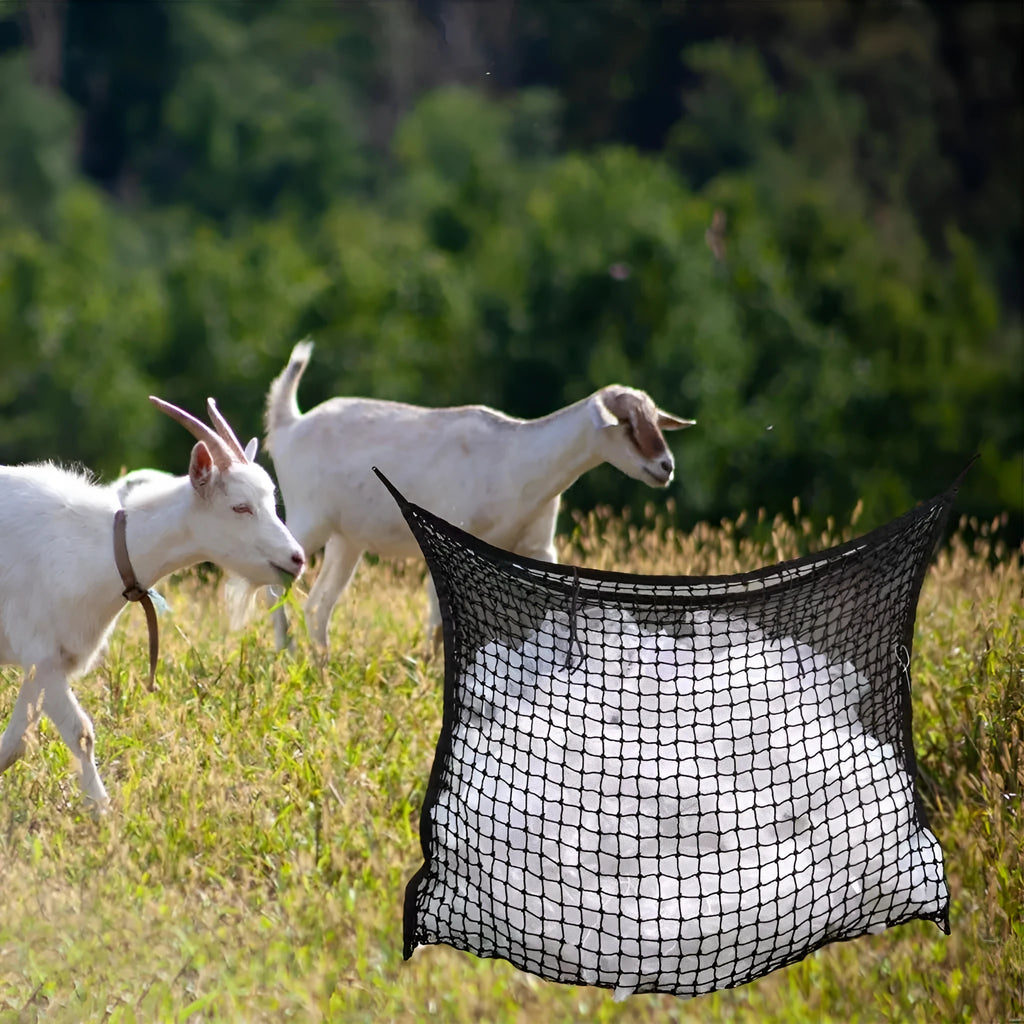 Woven grid hanging feeding bag for horses and livestock in black or white PE rope construction
