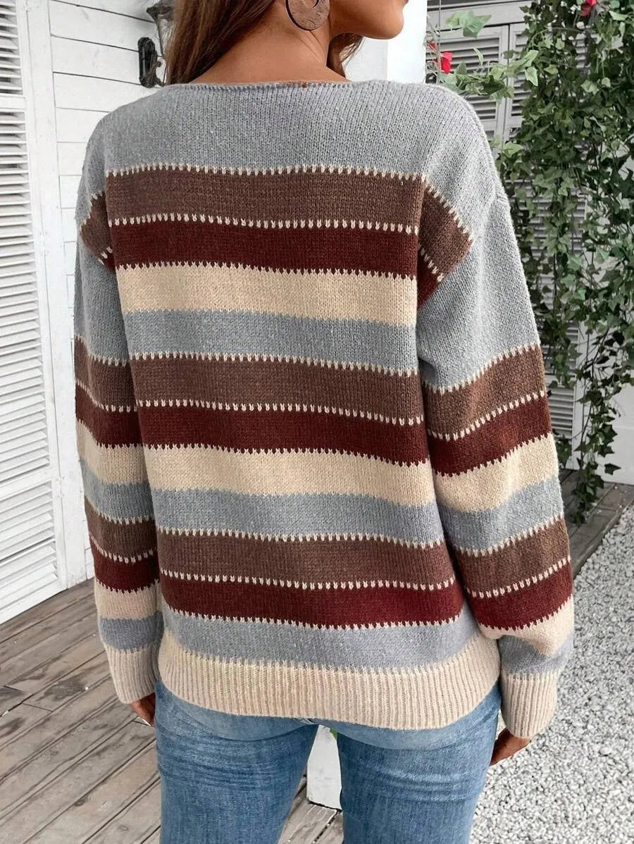 Women's colour-block striped polyester pullover sweater in casual style with long sleeves