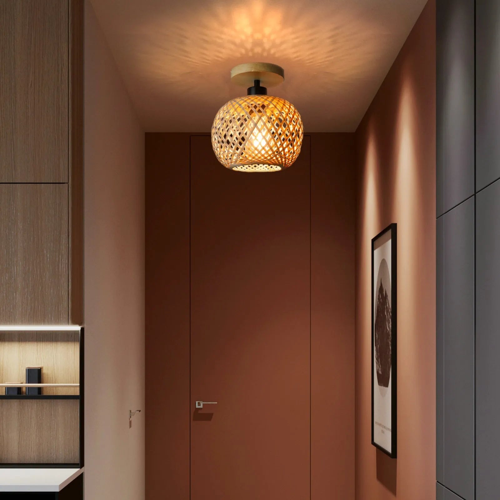 Bamboo Japanese-style pastoral ceiling lamp with wooden colour finish for hallway lighting