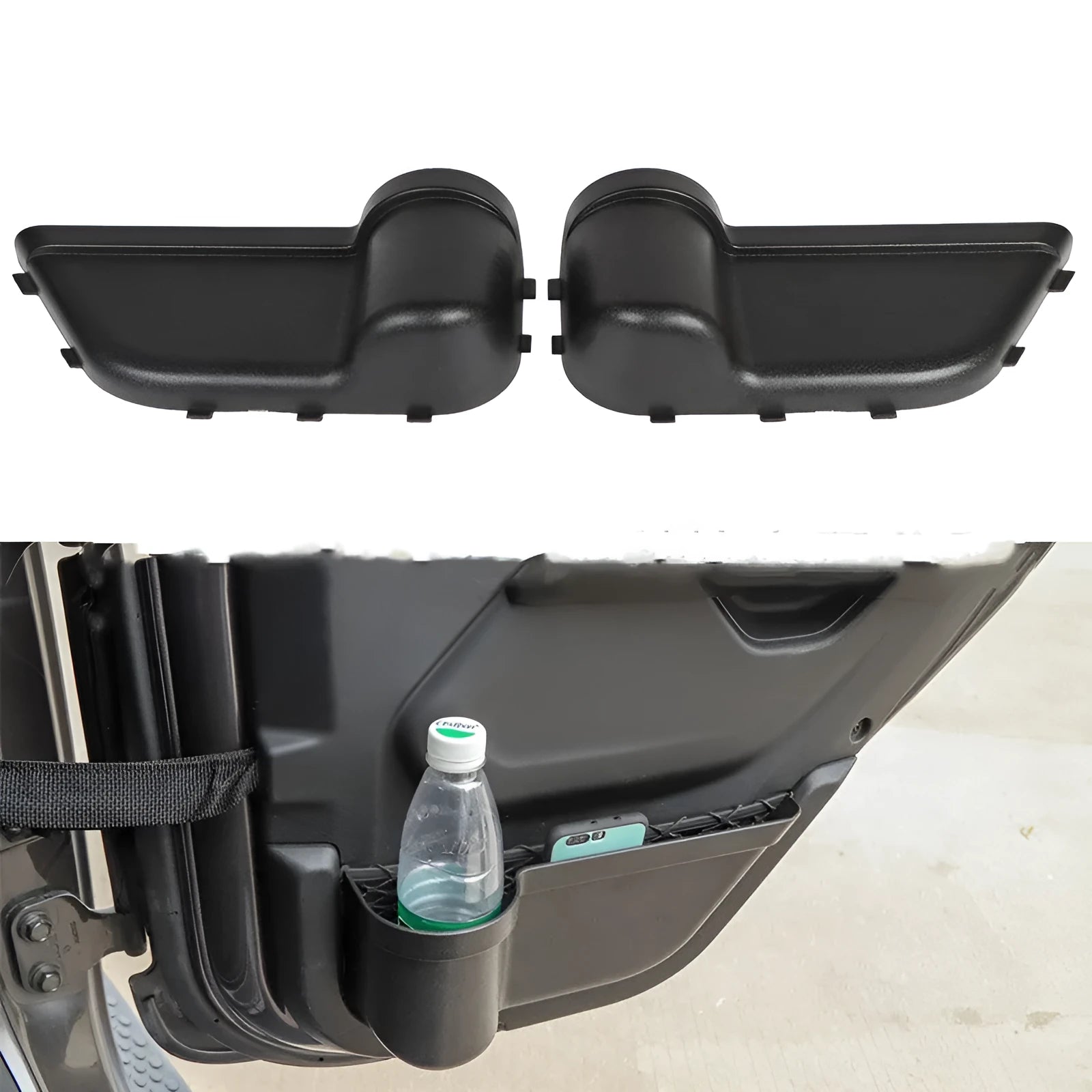 Black ABS door storage box for Jeep Wrangler JK and JL models mounted on interior door panel