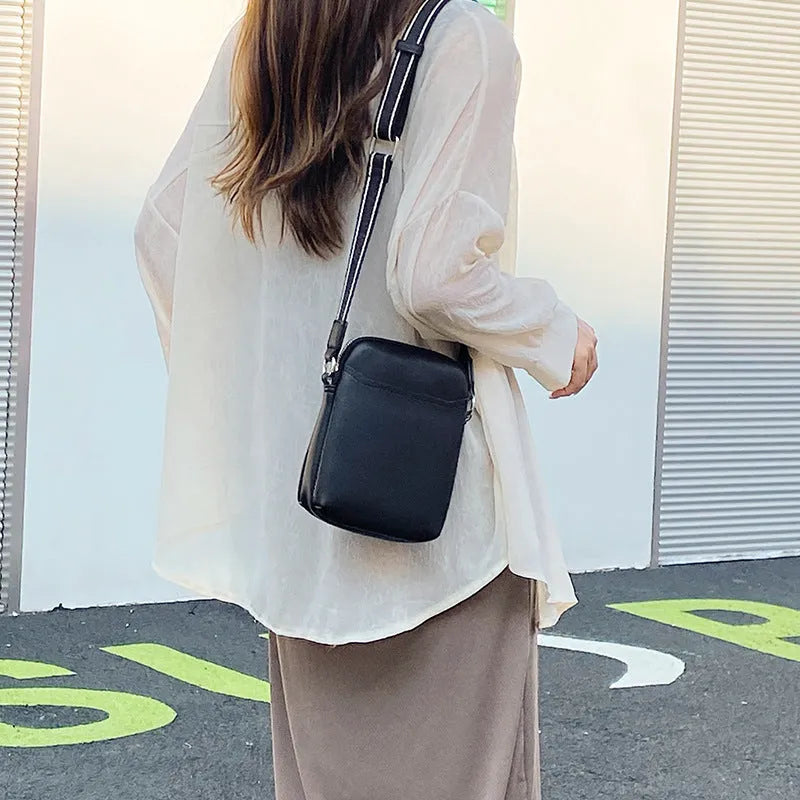 Solid colour PU mobile phone crossbody bag shown in beige, black, green, and khaki.