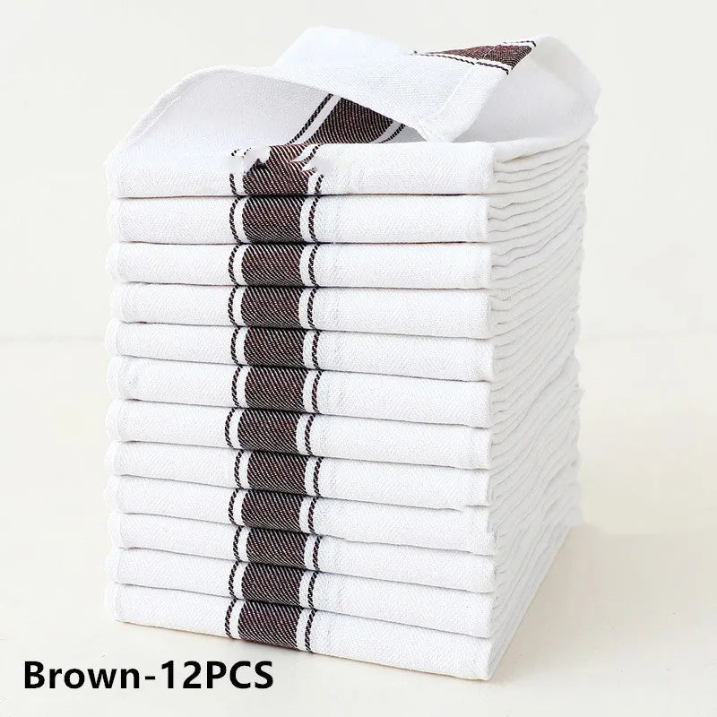 Set of twelve striped cotton dish towels in various colours, each measuring 48 by 70 centimetres.