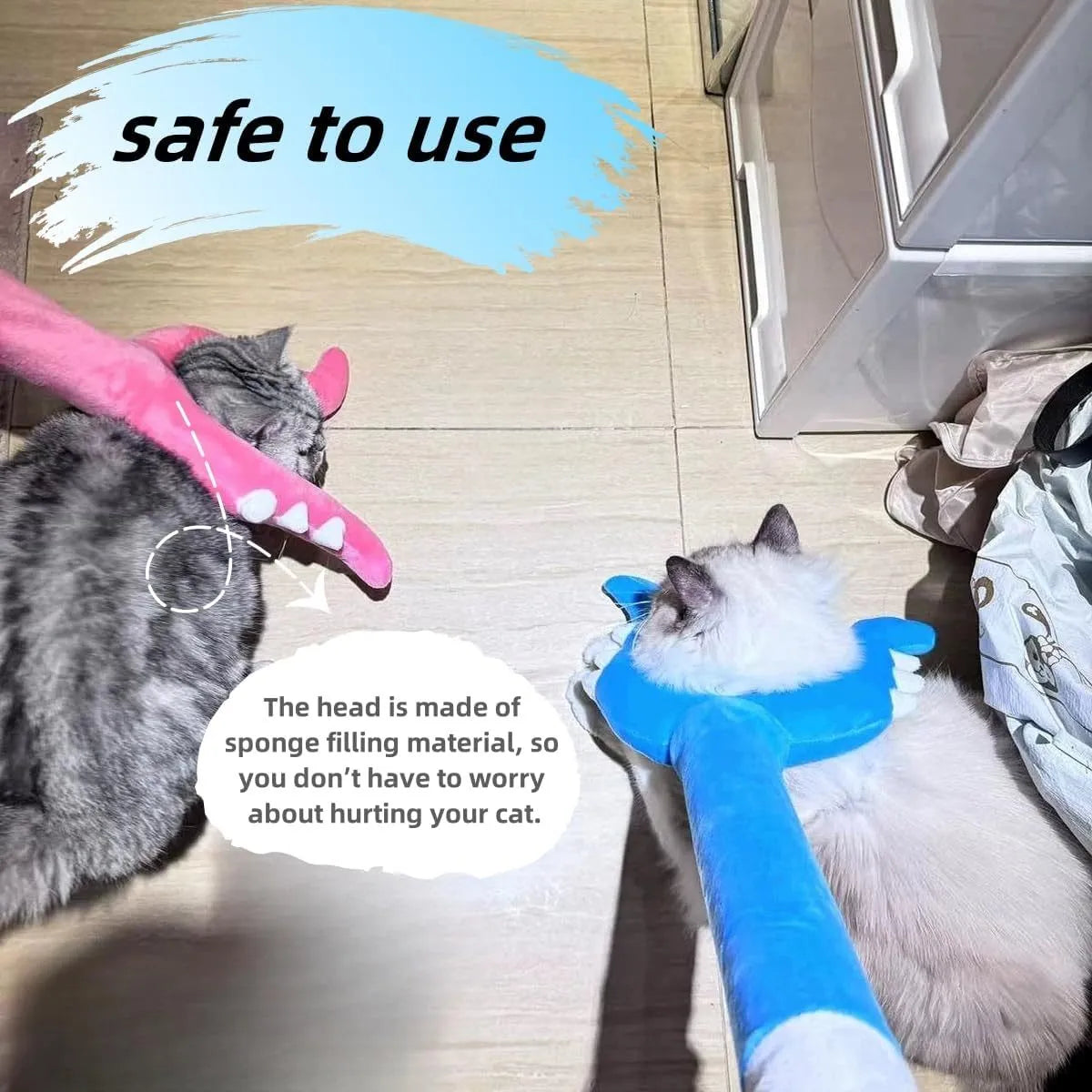 Blue plush cat wand toy with foam-filled head on a 70cm long stick for interactive pet play.