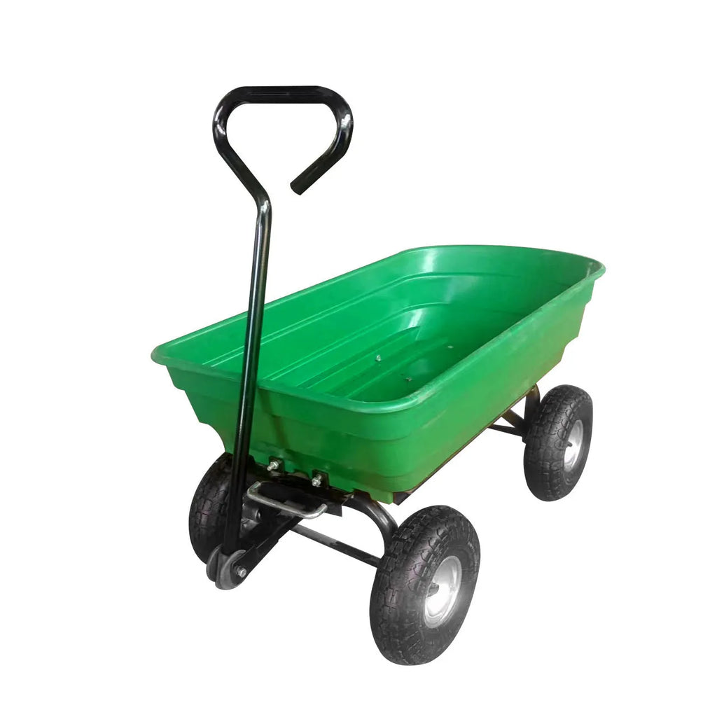 Green four-wheel plastic dump truck with steel PP frame for agricultural material transport