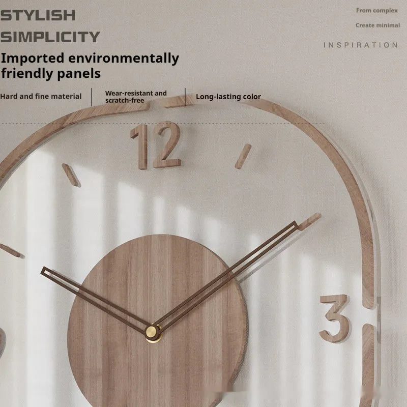 Modern transparent wooden frame wall clock showing 35cm square dimensions