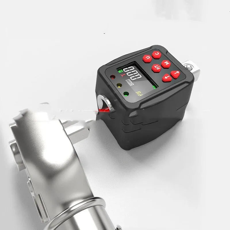 Digital torque meter with display screen and 1/2 inch square drive, part of a three-piece tool set.