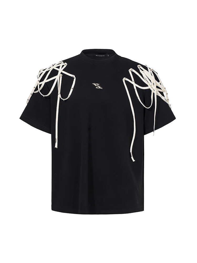 Black women's t-shirt with decorative ribbon trim padded shoulders and rivet detailing