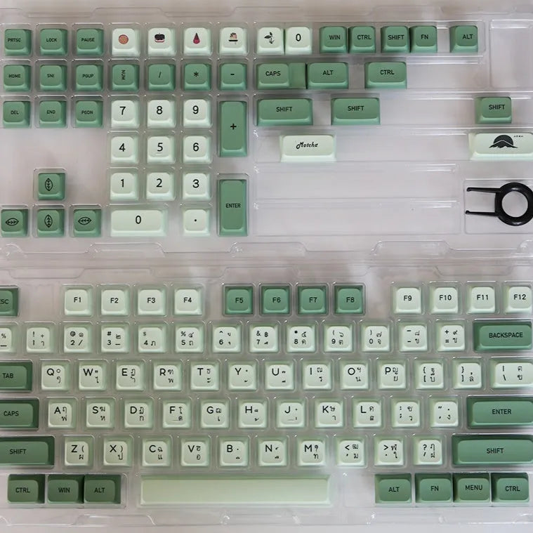 124 PBT keycaps with matcha green colour and white doubleshot legends for mechanical keyboards.