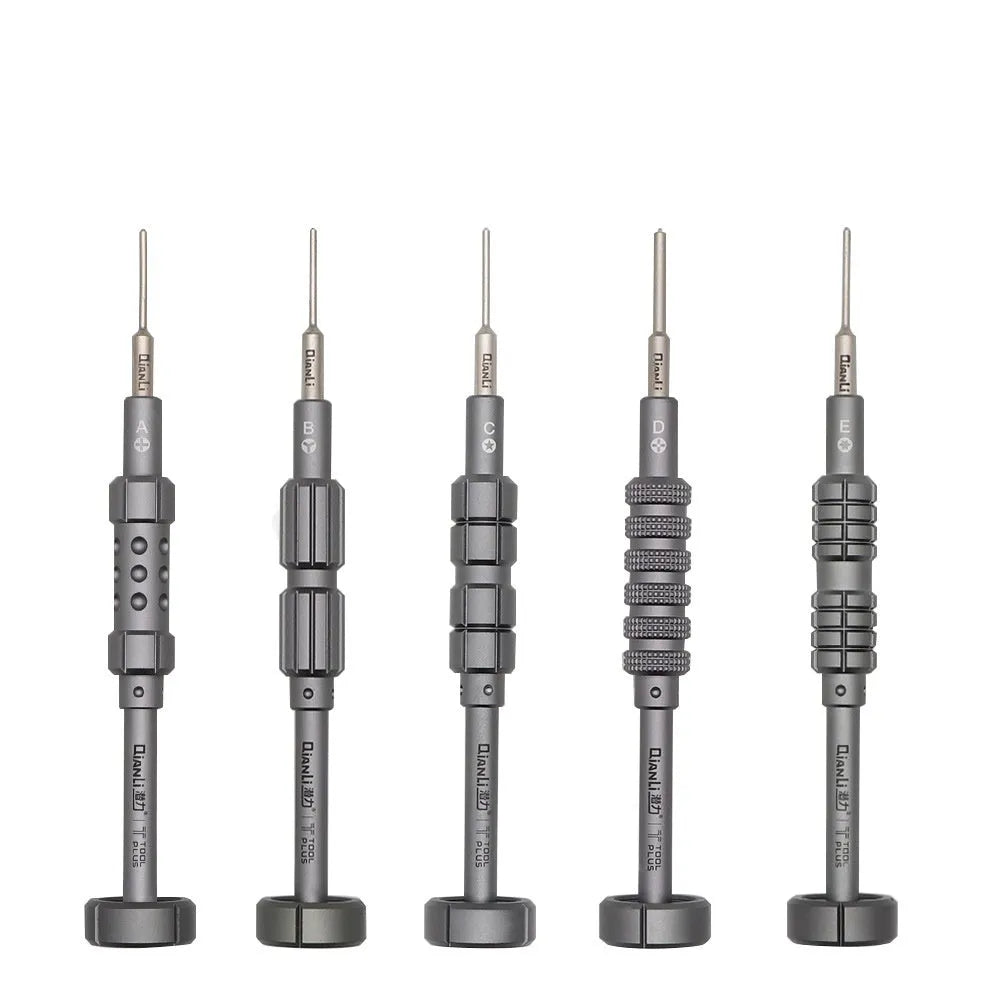 Precision screwdriver with grenade-shaped aluminium handle and five interchangeable heads for iPhone repair