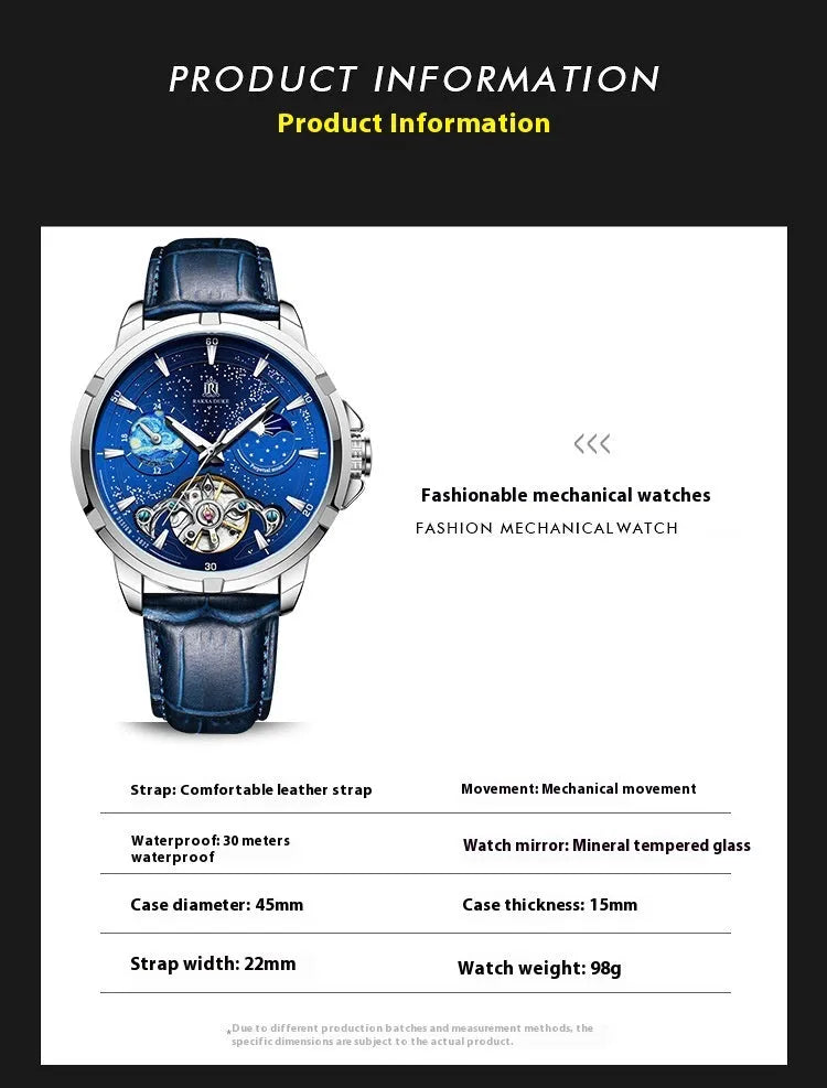 Men's blue automatic mechanical watch with stainless steel bracelet on wrist, showing T885B dial.