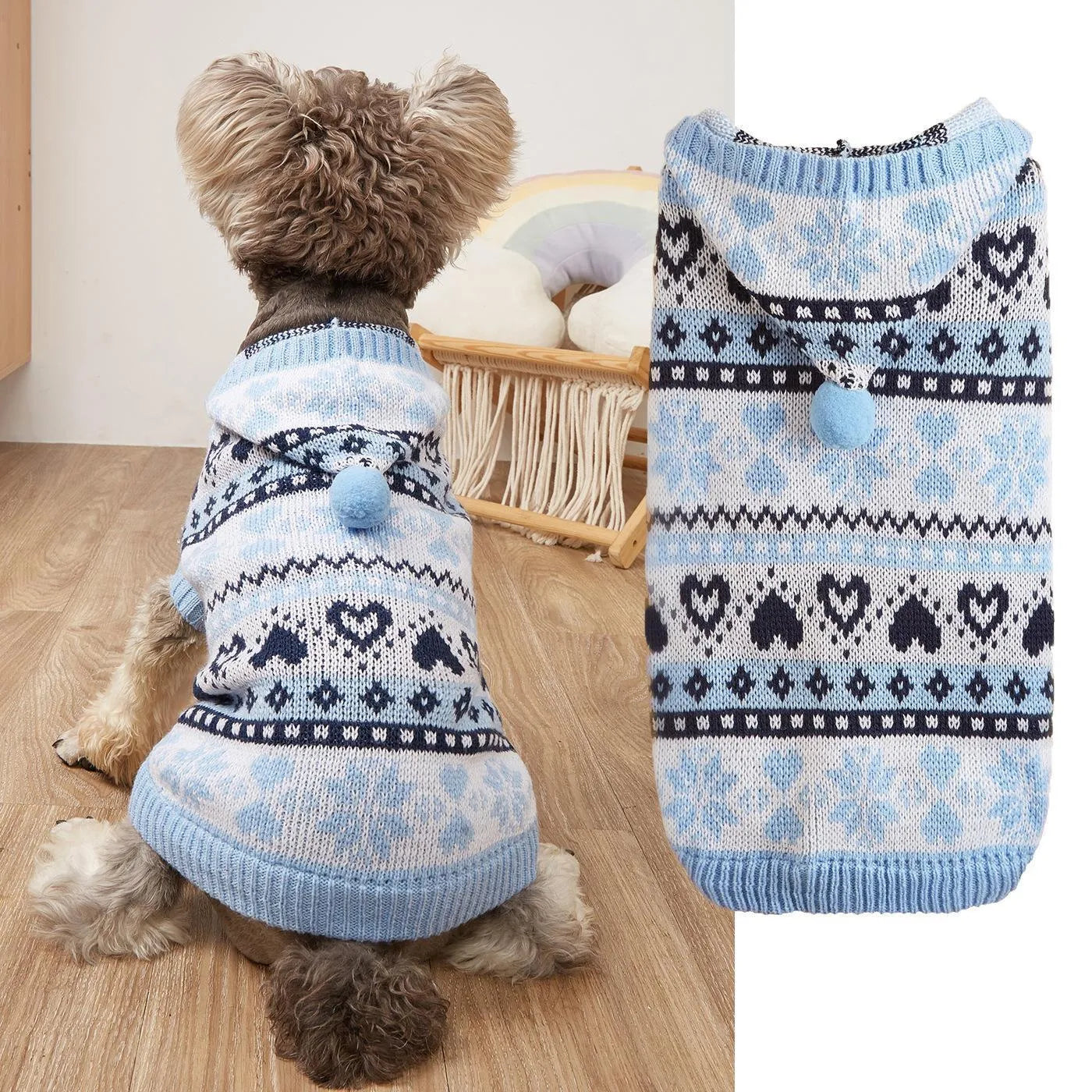 Pink striped camouflage dog sweater with snowflake design on a Bichon dog