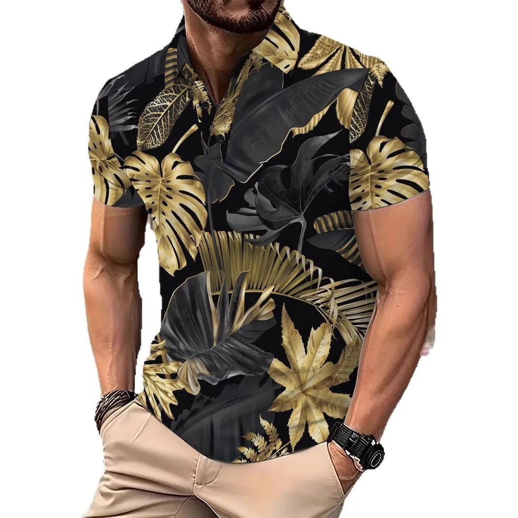Gold men's shirt with tropical plant pattern print and short sleeves