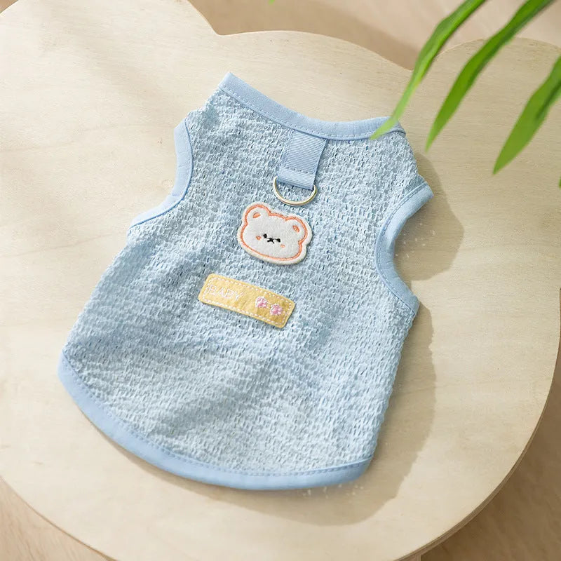 Hollowed-out cat clothes with bear patch in knitted fabric, shown in green colour