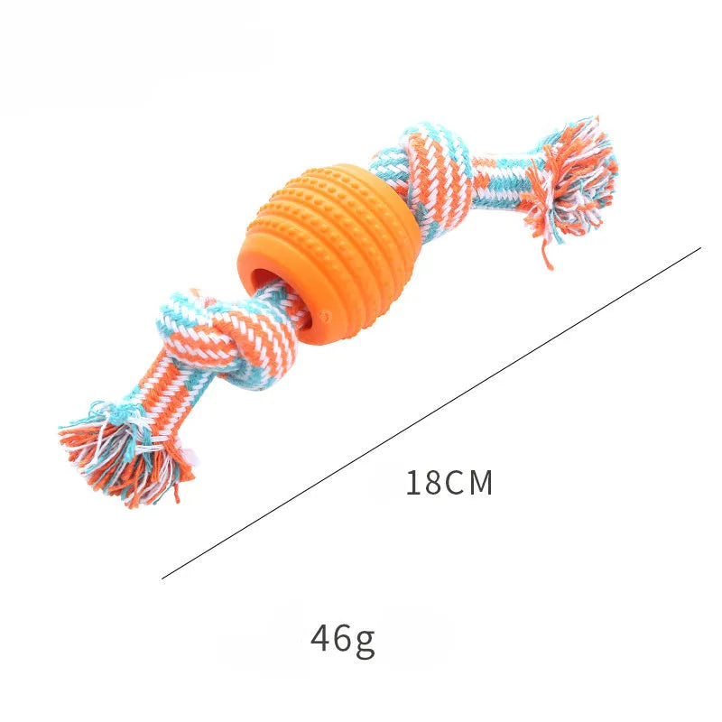 Blue molar-shaped dog chew toy with natural rubber rope attachment for dental cleaning