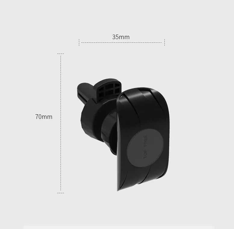 Matte black car phone holder clipped to air vent with adjustable side arms for smartphones