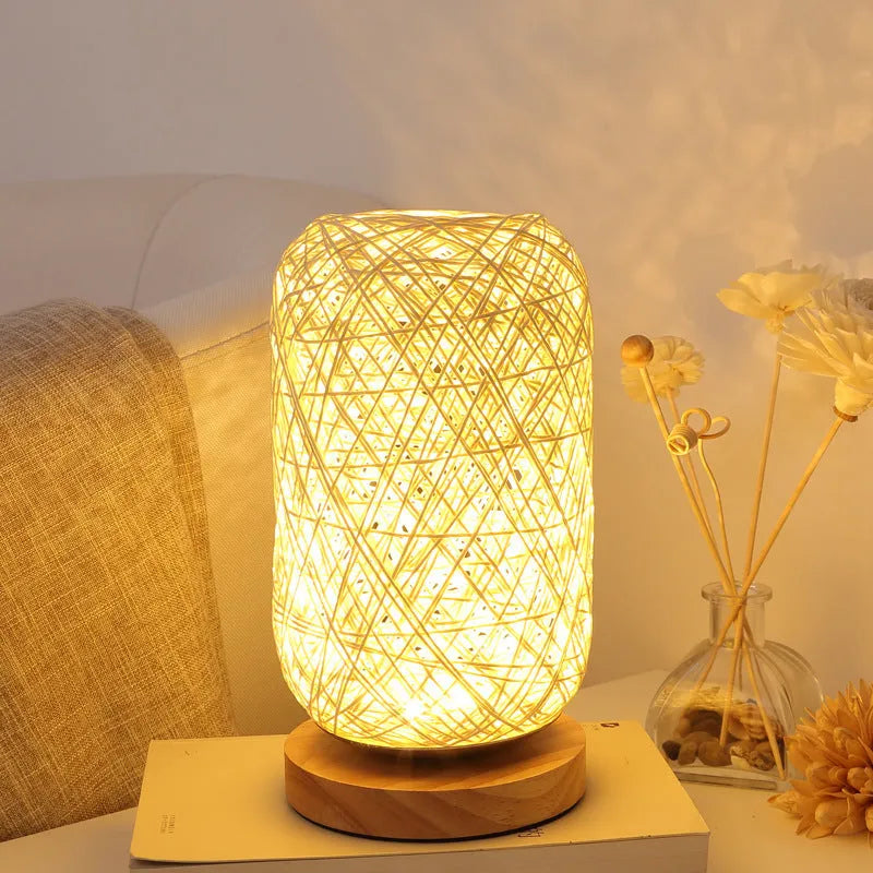 Brown hemp rope Sepak Takraw desk lamp on wooden base with woven sphere design
