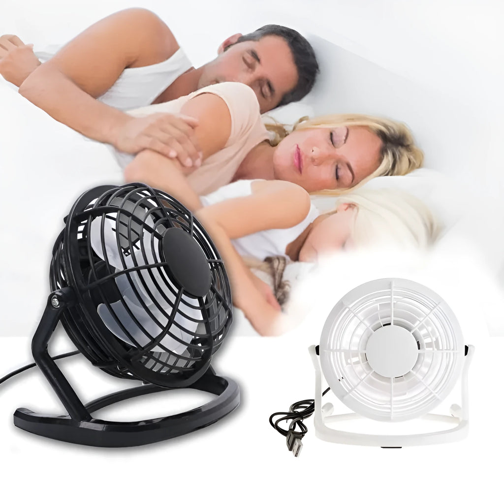 Black and white mini portable USB fan with adjustable angle for laptop and desktop cooling
