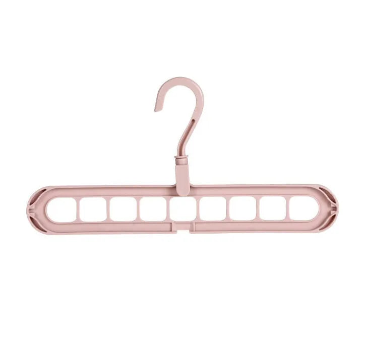 Plastic clothes hanger with a rotating hook in assorted colours on a white background.