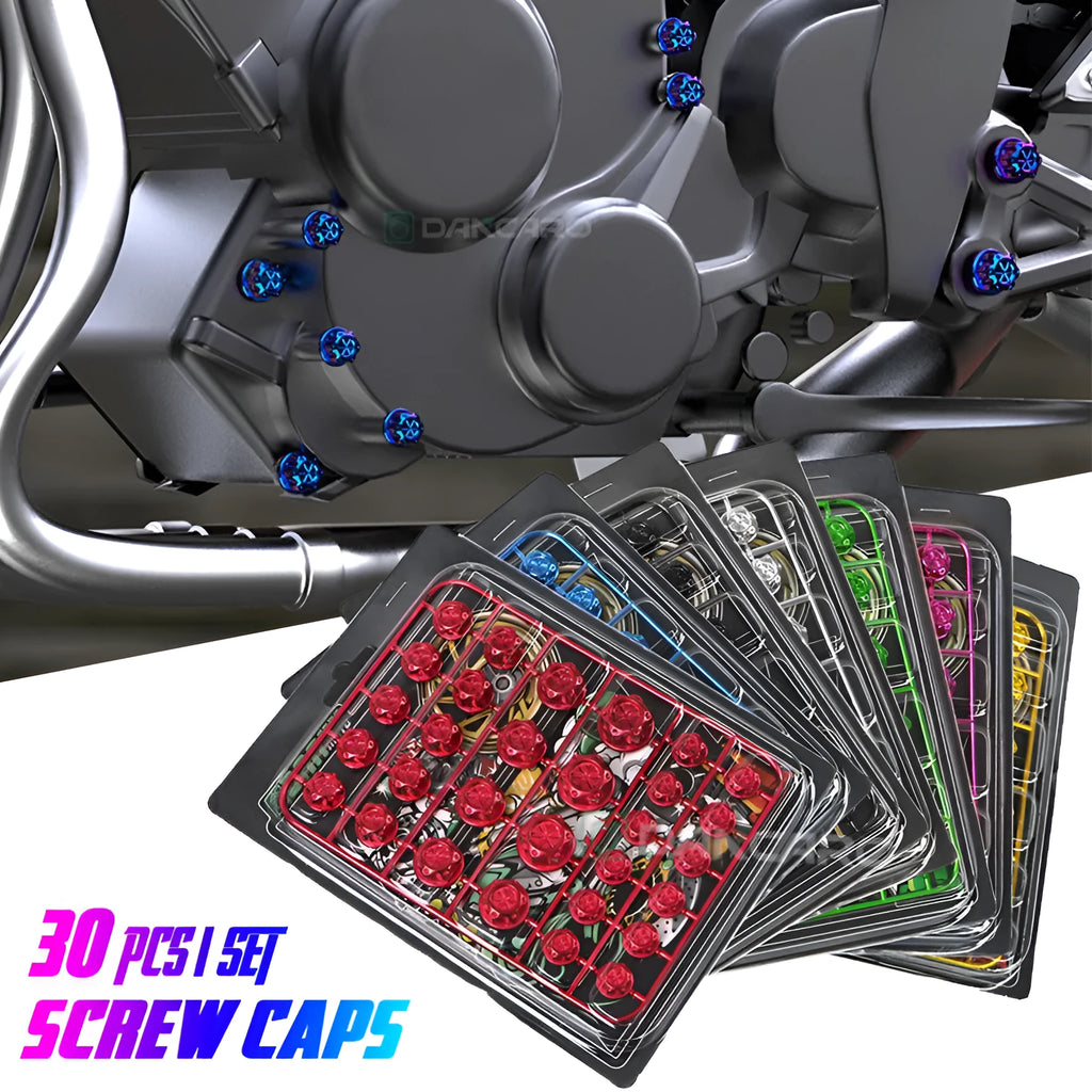 Motorcycle engine screw cover set with 30 ABS plastic caps in eight colours including black, red, gold, blue, silver, green, orange, and purple