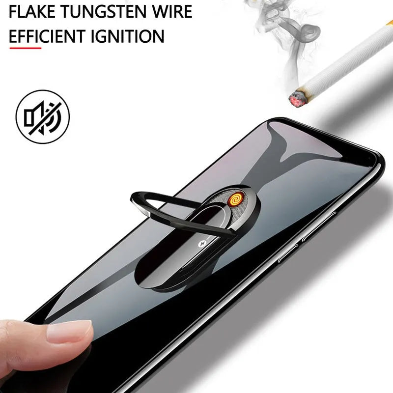 2 in 1 USB plasma lighter and mobile phone holder in aluminium alloy, black ice colour, with ring buckle and USB charging cable