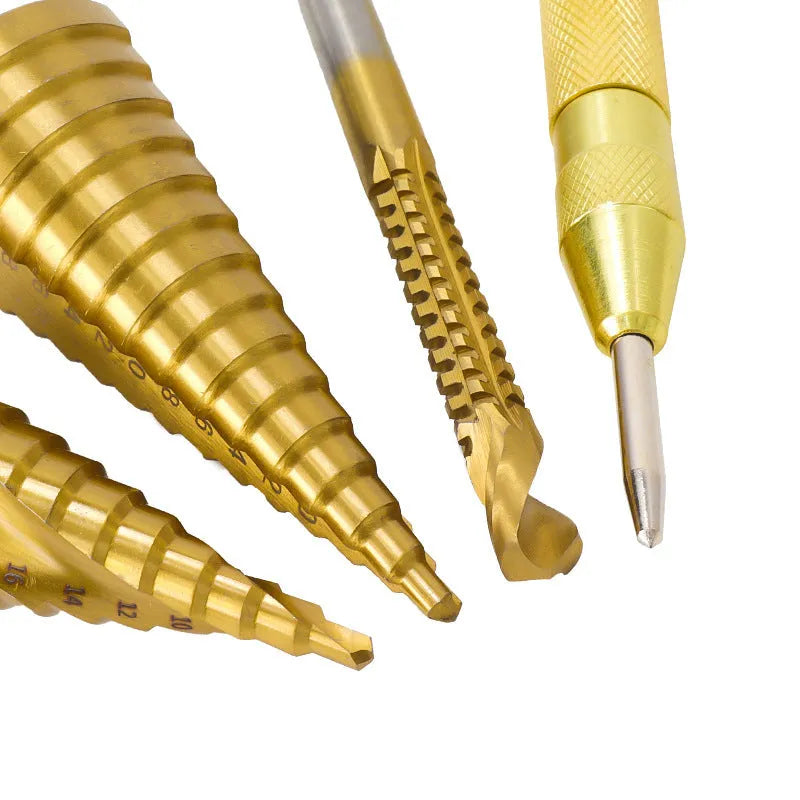 Cone drill bit and centre punch set with high-speed steel step drills in a case, colour-coded options shown.