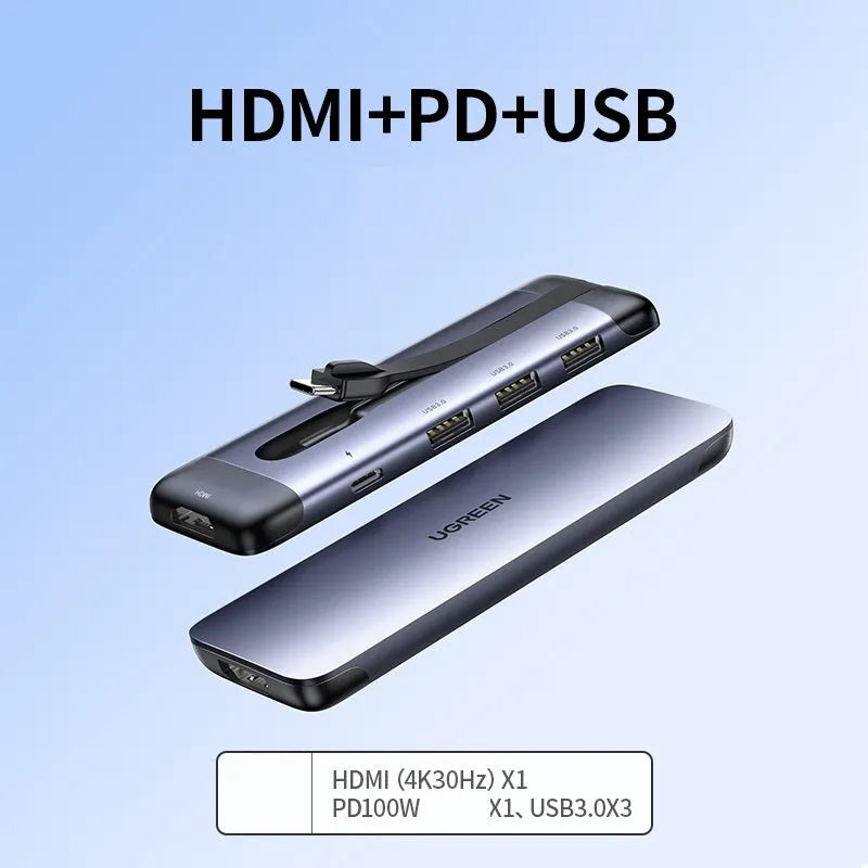 USB-C multi-port expansion dock showing HDMI, VGA, USB 3.0, Ethernet, and card reader ports with connected cables.