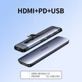 USB-C multi-port expansion dock showing HDMI, VGA, USB 3.0, Ethernet, and card reader ports with connected cables.