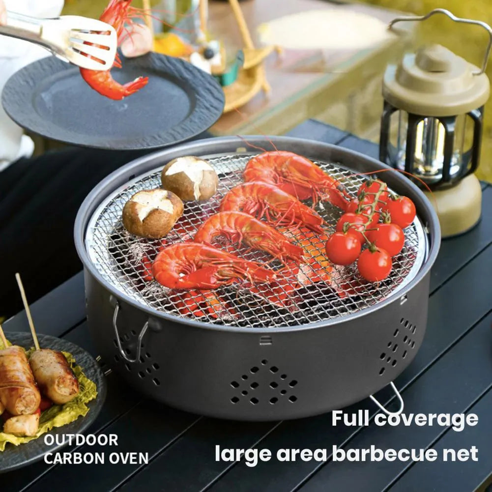 Portable stainless steel campfire grill with detachable parts, charcoal bowl, ash tray, and storage bag, white, 31cm