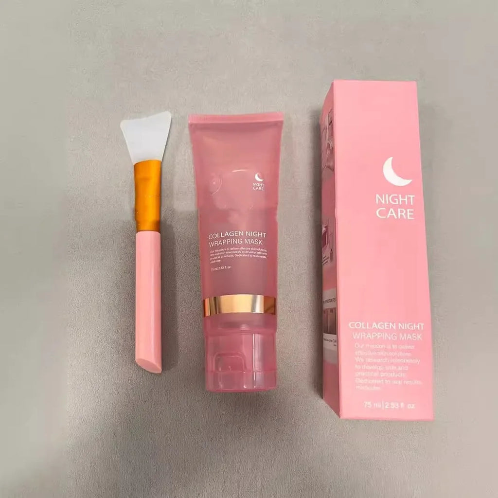 Collagen night face mask in 75ml bottle with application brush for firming and hydration