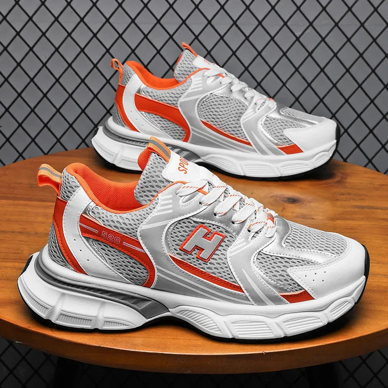Men's mesh running shoes with plastic sole in three colour options showing round toe design