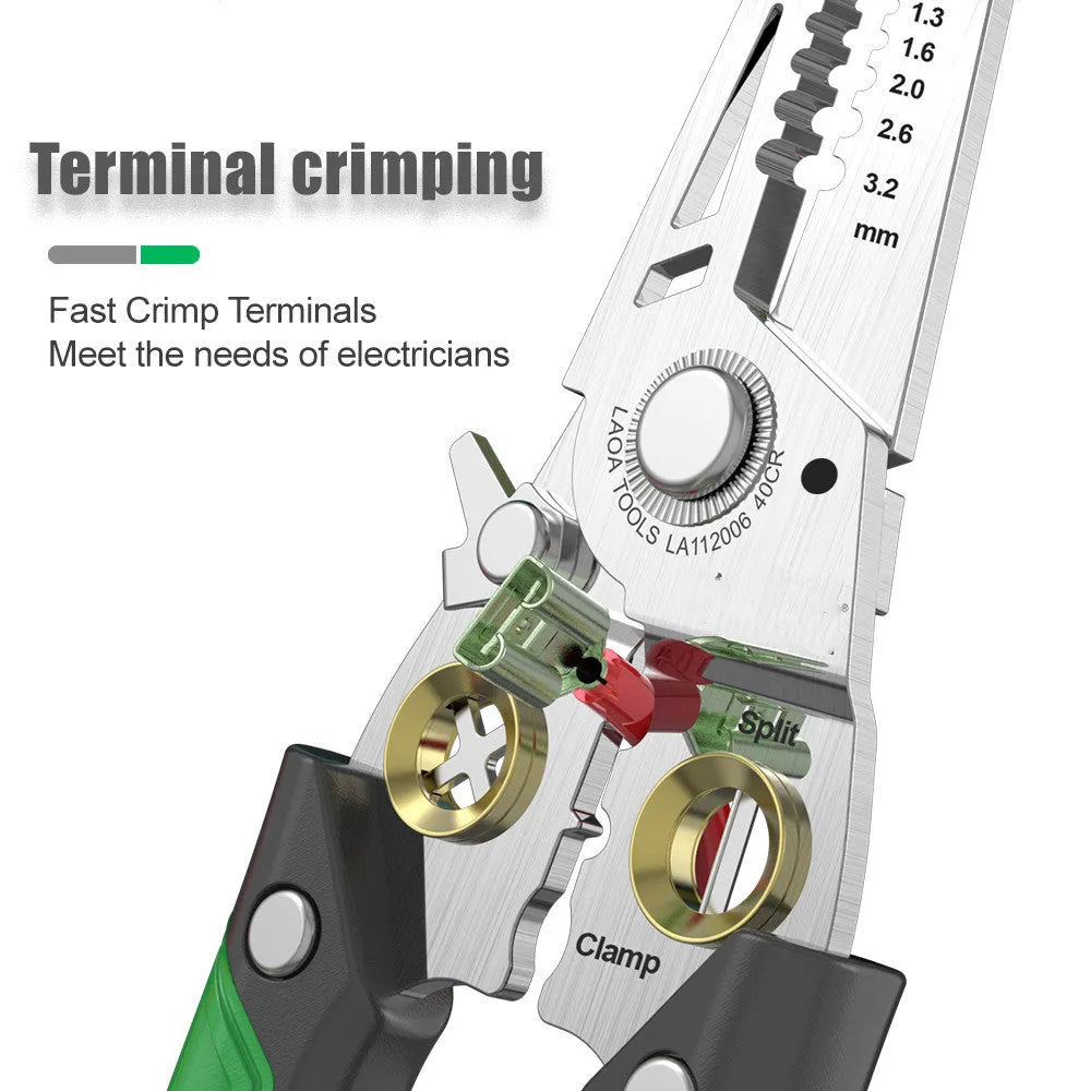 Multifunctional stainless steel wire stripper with 7 stripping ports and two-colour ABS handle.