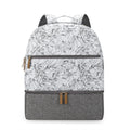 Grey insulated mother and child travel backpack with curved shoulder straps showing organisational compartments