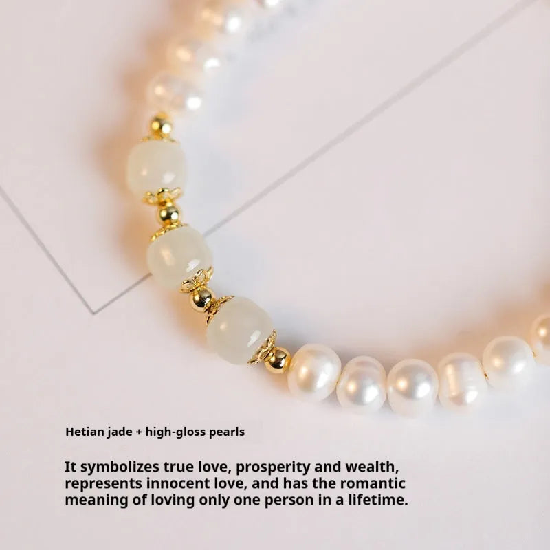 Korean style freshwater pearl bracelet with diamond-shaped electroplated beads in Hetian jade colour